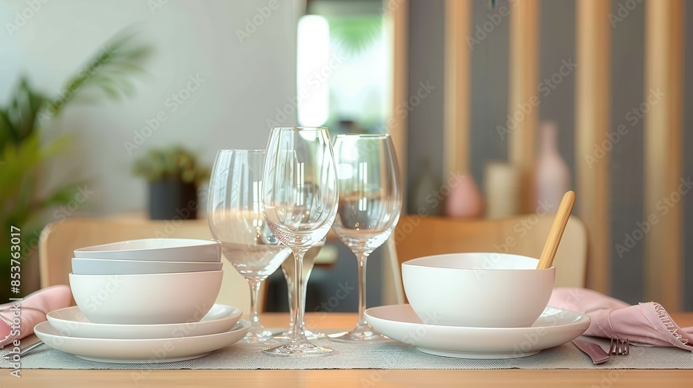 A sophisticated dining table setting with dishes, napkins, and wine glasses ready for a meal A sophisticated dining table setting with dishes, napkins, and wine glasses ready for a meal