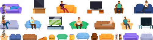 Lazy tv icons set. People are enjoying their free time sitting on a comfortable sofa, watching their favorite tv shows, and eating delicious snacks