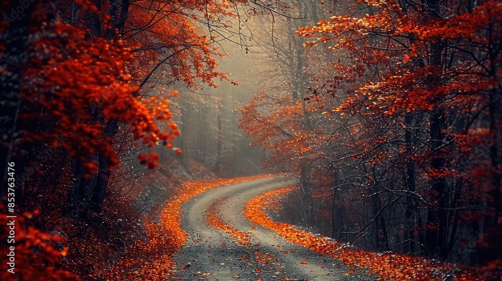 Curved road through a forest in autumn with vibrant orange and red foliage, creating a serene and picturesque landscape. Curved road through a forest in autumn with vibrant orange and red foliage, creating a serene and picturesque landscape.