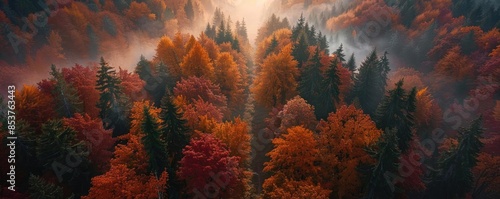 Aerial view of a misty autumn forest with vibrant red and orange foliage, illuminated by soft sunlight. Nature's fall beauty on display.