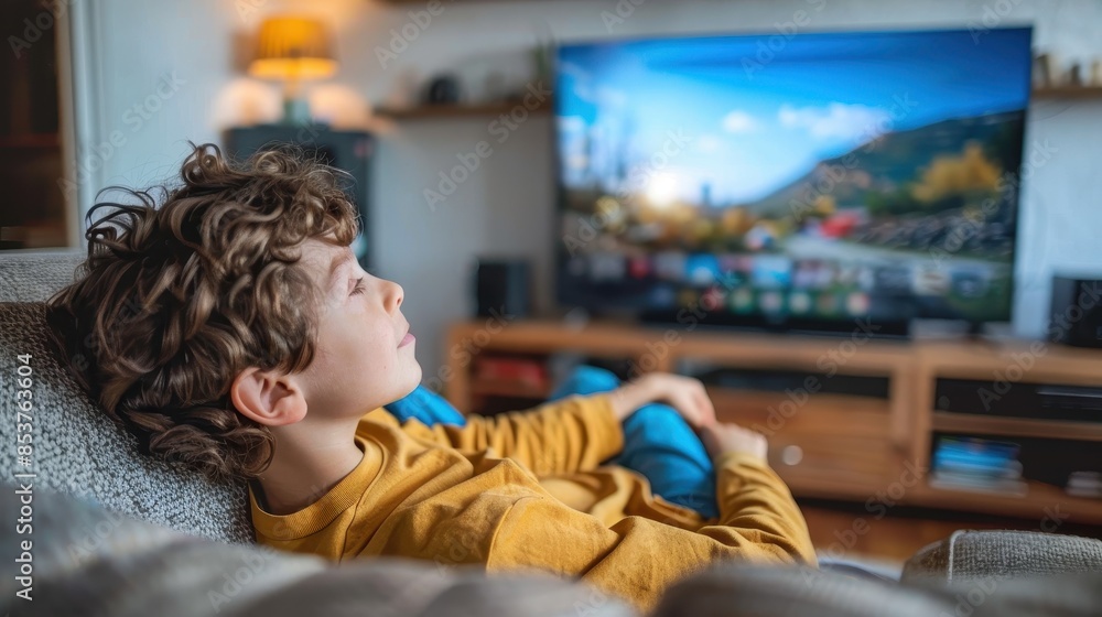 A young boy is deeply engaged with a television screen, sitting comfortably on the couch A young boy is deeply engaged with a television screen, sitting comfortably on the couch