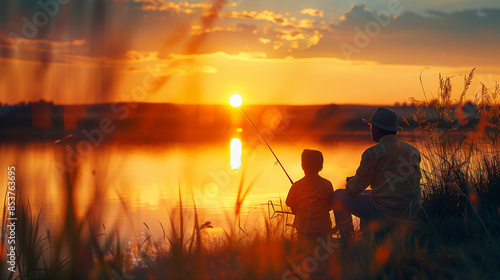 Father and son fishing on a lake at sunset photo