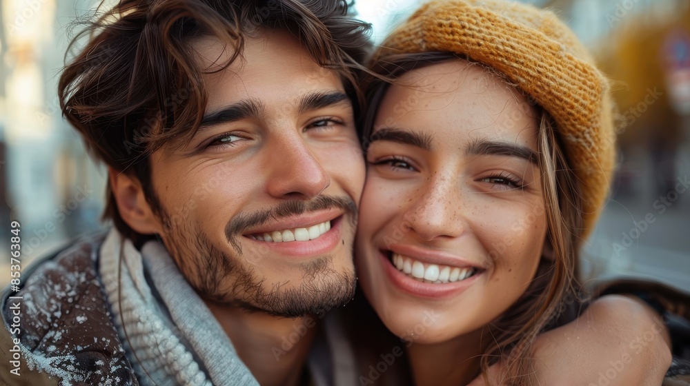 Affectionate couple sharing a moment with snowflakes on faces Affectionate couple sharing a moment with snowflakes on faces