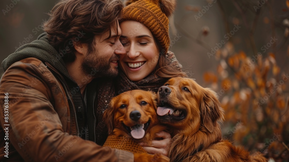 Man kissing his happy pregnant wife, couple embracing on a picnic in a park with their dog. Man kissing his happy pregnant wife, couple embracing on a picnic in a park with their dog.