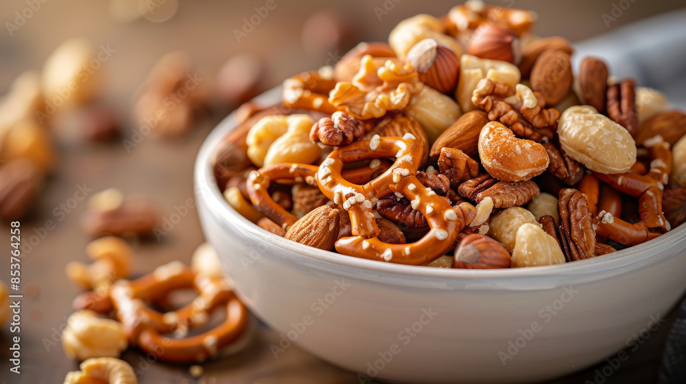 Bowl of mixed nuts and pretzels on a table. Bowl of mixed nuts and pretzels on a table.