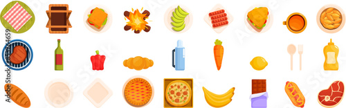 Picnic top view icons set. Family preparing food for outdoor summer barbecue party with grilled meat and vegetables