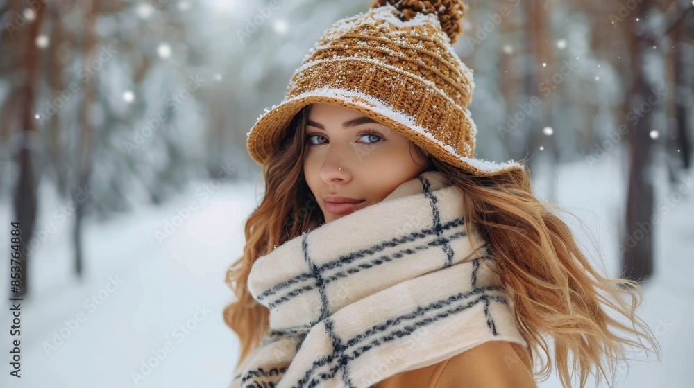A young woman wearing winter clothes in a snowy forest gives a subtle smile to the camera A young woman wearing winter clothes in a snowy forest gives a subtle smile to the camera
