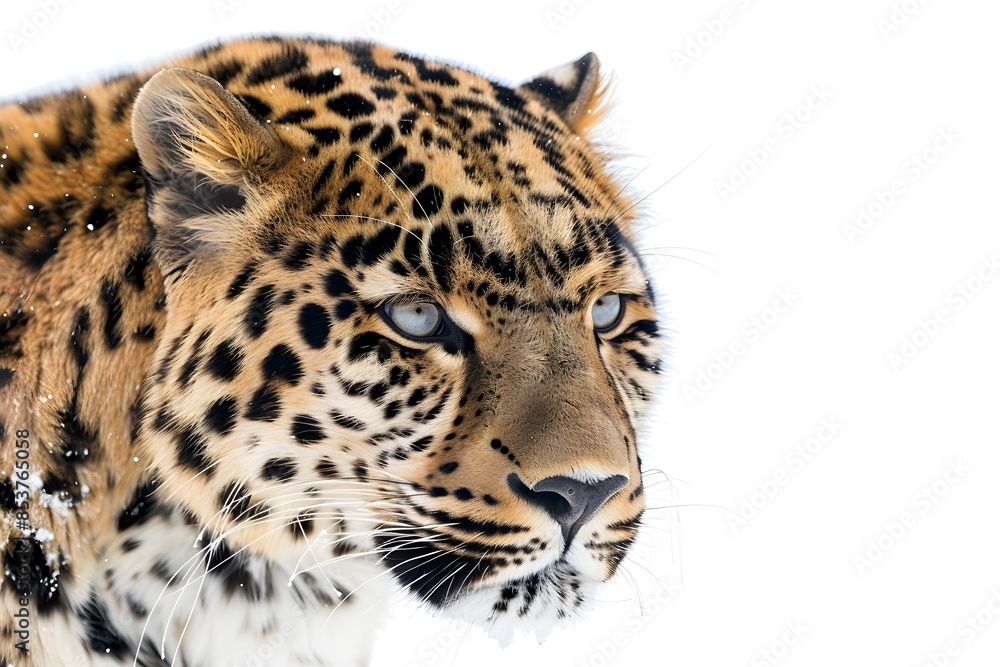 Close-up of a beautiful leopard's face in profile, isolated on a white background. Animal protection concept. Close-up of a beautiful leopard's face in profile, isolated on a white background. Animal protection concept.