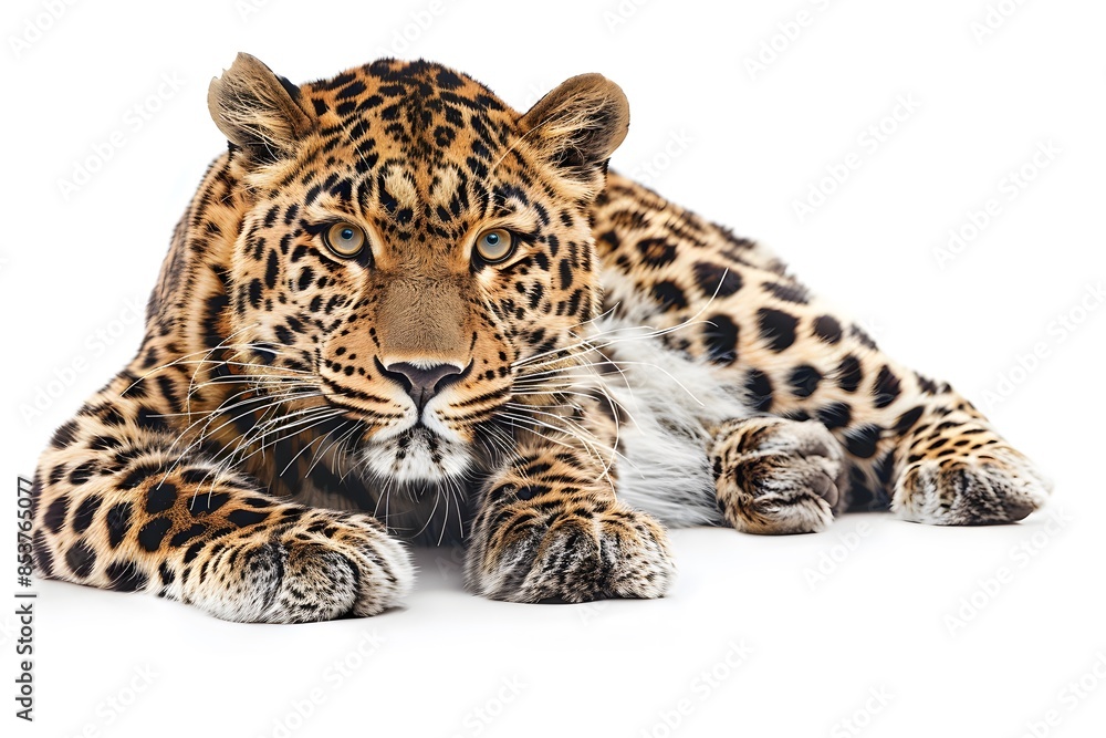 Obraz premium A beautiful majestic leopard lies, isolated on a white background. Looking into the camera. Animal protection concept.