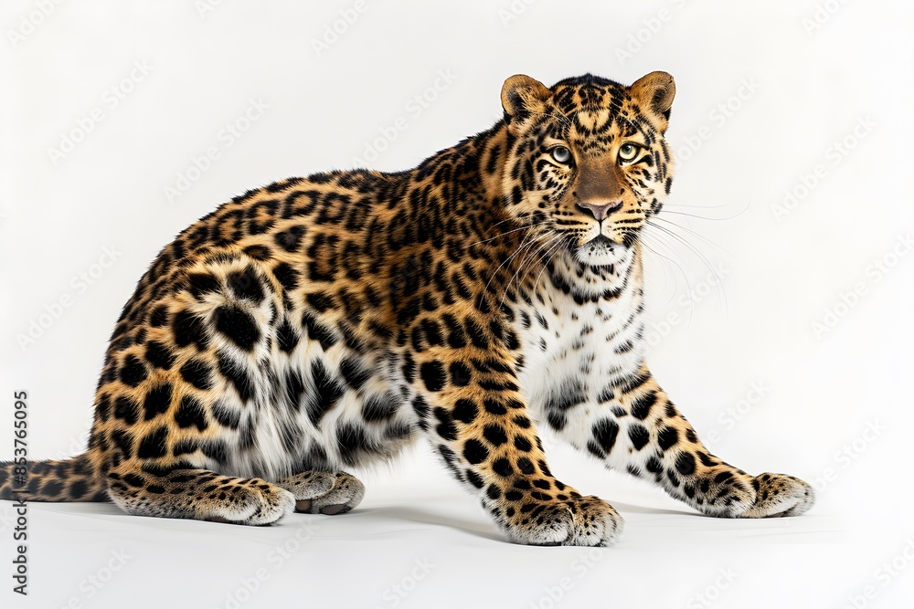 A beautiful majestic leopard sitting, isolated on a white background. Looking into the camera. Animal protection concept. A beautiful majestic leopard sitting, isolated on a white background. Looking into the camera. Animal protection concept.