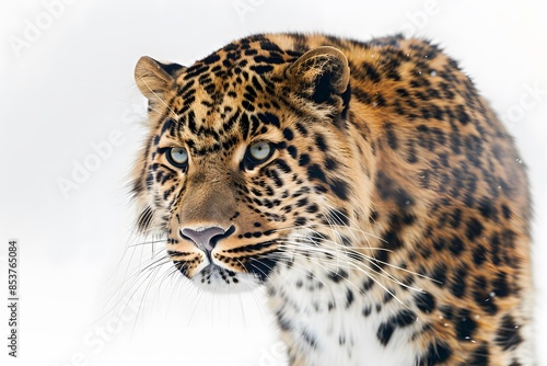 Close-up of a beautiful leopard on a white background. Animal protection concept. © Maryna