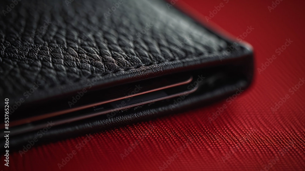Close-up of a black leather wallet on a red surface. Close-up of a black leather wallet on a red surface.