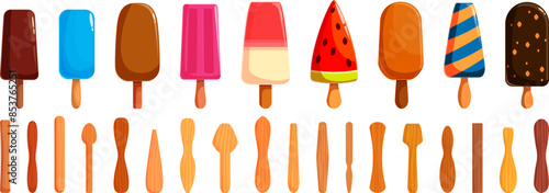 Popsicle stick icons set. Colorful set of various ice cream flavors with different wooden stick shapes, perfect for representing summer treats and frozen desserts