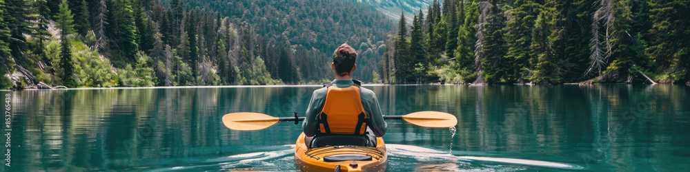 A lone kayaker paddles through a calm, serene mountain lake, surrounded by lush green forest A lone kayaker paddles through a calm, serene mountain lake, surrounded by lush green forest