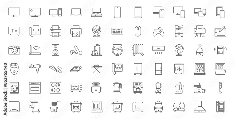 Household appliances line icon set. Computer monitor, web camera, keyboard, air conditioner, intercom, fridge, dishwasher outline vector illustration. Linear pictogram for electronics Household appliances line icon set. Computer monitor, web camera, keyboard, air conditioner, intercom, fridge, dishwasher outline vector illustration. Linear pictogram for electronics