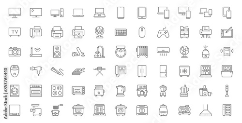 Household appliances line icon set. Computer monitor, web camera, keyboard, air conditioner, intercom, fridge, dishwasher outline vector illustration. Linear pictogram for electronics