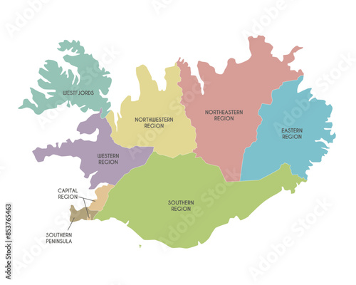 Vector map of Iceland with regions and administrative divisions. Editable and clearly labeled layers.
