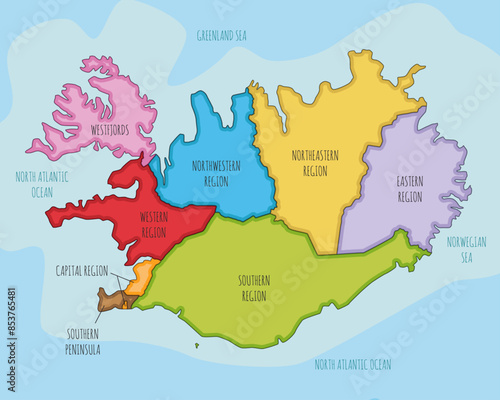 Vector illustrated map of Iceland with regions and administrative divisions. Editable and clearly labeled layers.