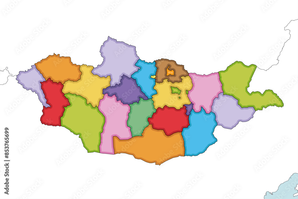 Vector illustrated regional blank map of Mongolia with provinces and administrative divisions, and neighbouring countries and territories. Editable and clearly labeled layers. Vector illustrated regional blank map of Mongolia with provinces and administrative divisions, and neighbouring countries and territories. Editable and clearly labeled layers.