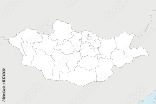 Vector regional blank map of Mongolia with provinces and administrative divisions, and neighbouring countries and territories. Editable and clearly labeled layers.