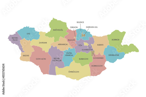 Vector regional map of Mongolia with provinces and administrative divisions. Editable and clearly labeled layers.