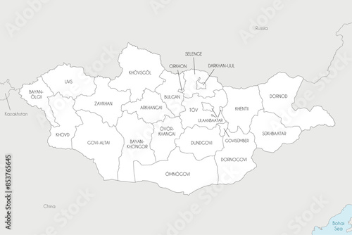 Vector regional map of Mongolia with provinces and administrative divisions, and neighbouring countries and territories. Editable and clearly labeled layers. photo