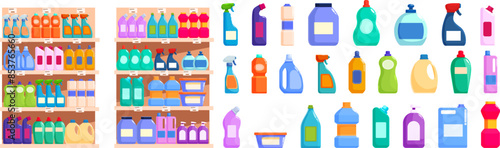 Shelves household chemicals icons set. Supermarket shelf full of cleaning products bottles and packages with assortment of colorful plastic containers for washing dishes and doing laundry