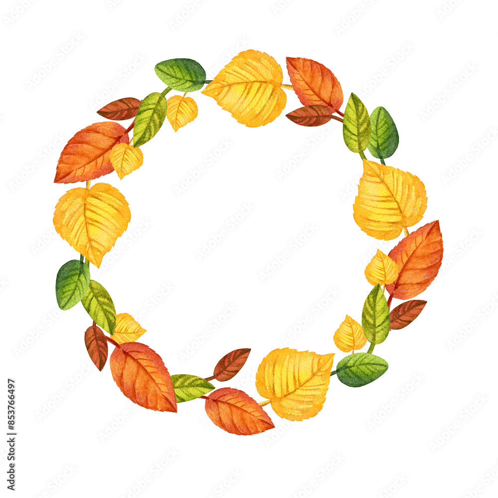 Obraz premium watercolor wreath of autumn forest leaves, hand drawn illustration of yellow and orange forest leaves, green and brown different leaves, sketch isolated on white background