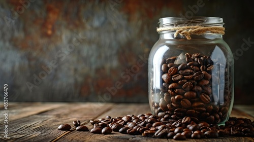 Close-up view of coffee beans in glass canister container on table.