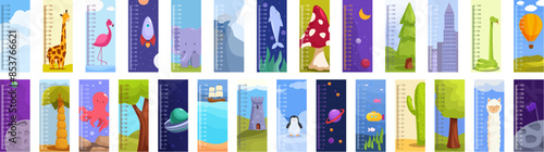 Growth ruler icons set. Collection of colorful kids height charts with animals, planets and fairytales for measuring tallness vector illustration