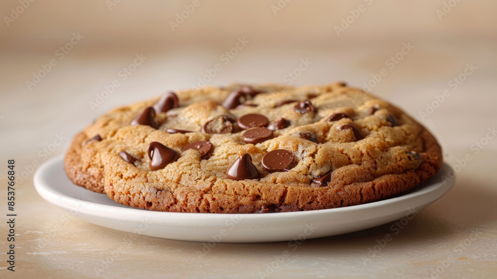 A chocolate chip cookie on a white plate. A chocolate chip cookie on a white plate.