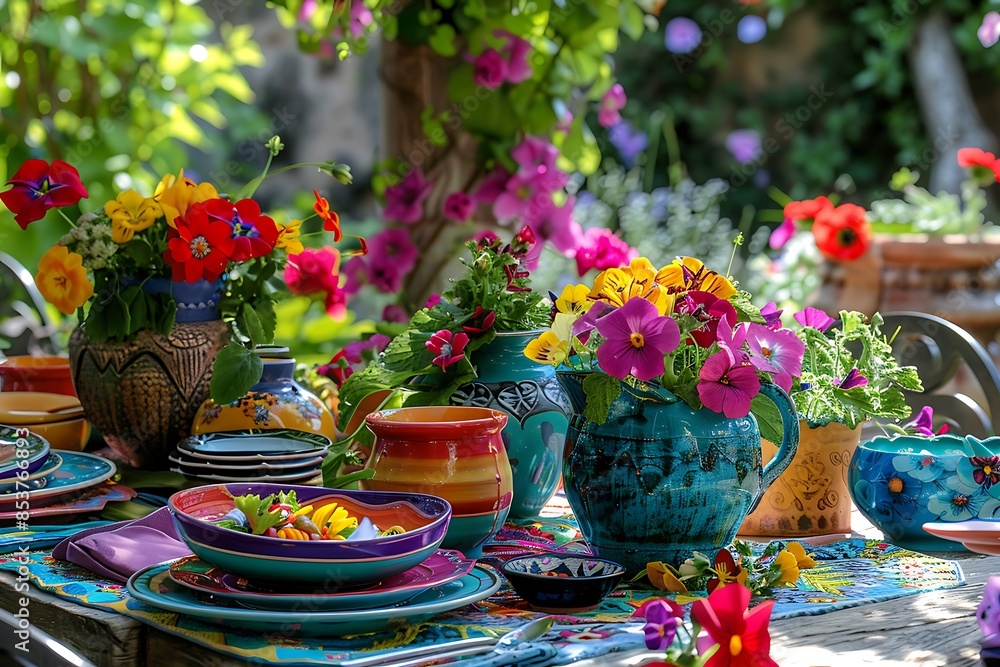 A vibrant garden party with a table set with colorful dishes and flowers. A vibrant garden party with a table set with colorful dishes and flowers.