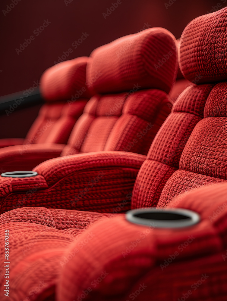 Fototapeta premium Red plush theater seats with armrests in an empty cinema.