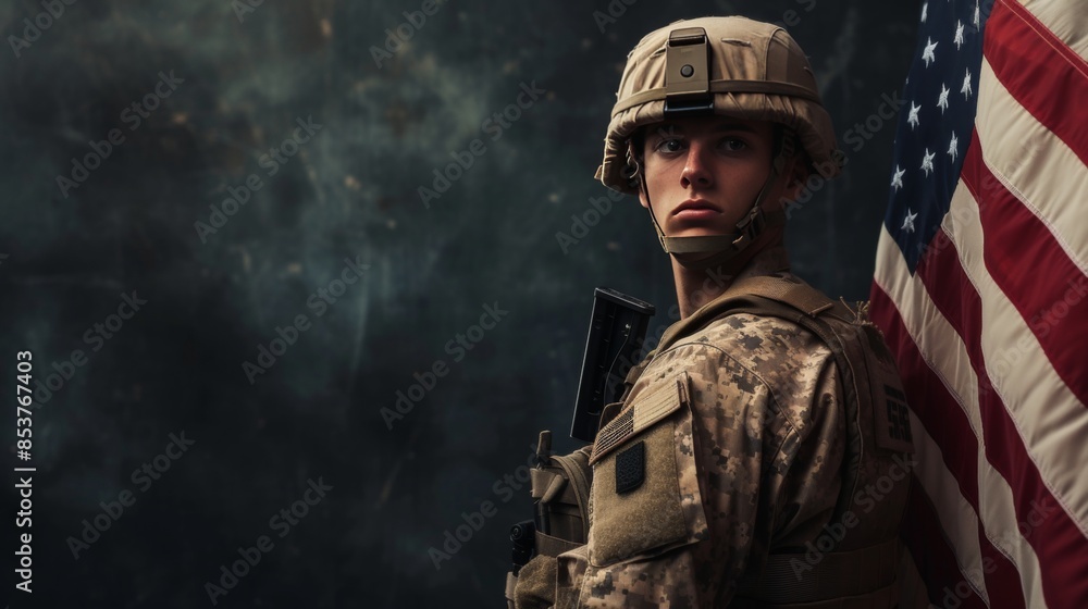 US soldier with national flag US soldier with national flag