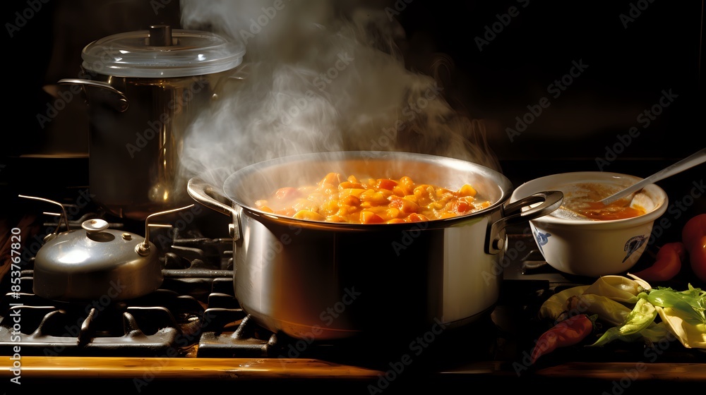 A delicious and nutritious meal is being prepared in a pot on th A delicious and nutritious meal is being prepared in a pot on th