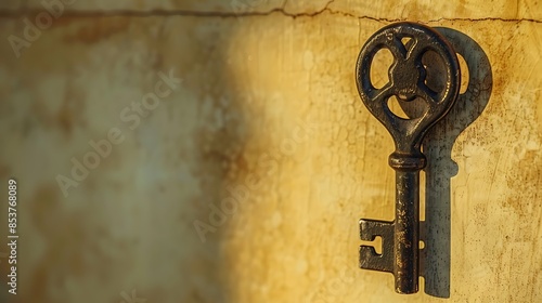 **Faint shadow of a key hanging on a wall isolated on a solid background © coco