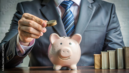 Businessman holding coin into piggy bank with graduation cap and book icons. saving money for future education. Education fees and cost of college graduate. Tuition fees and total cost in education. photo