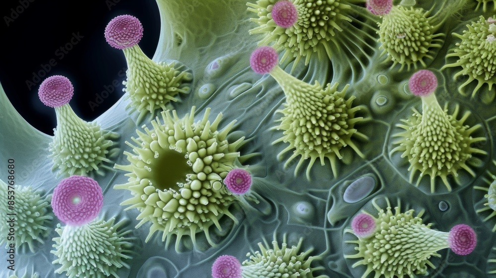 Obraz premium Pollen particles viewed with electronic microscope