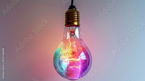 Photo of a fluorescent light bulb hanging Filled with iridescent liquid, chrome, glitter lava. on a white background