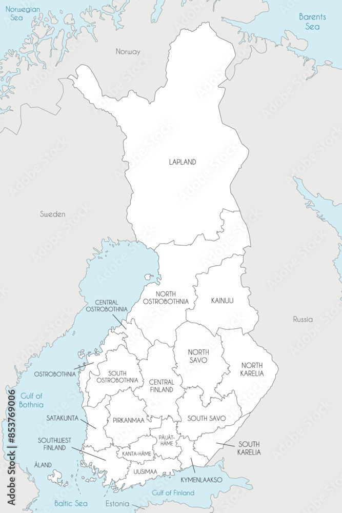 Fototapeta premium Vector map of Finland with regions or counties and administrative divisions, and neighbouring countries. Editable and clearly labeled layers.