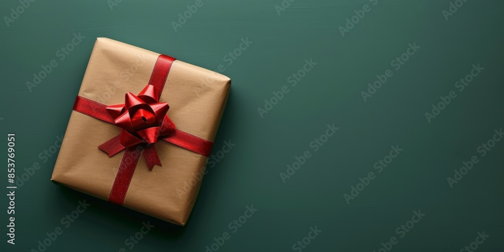 Elegant gift box wrapped in gold paper with a red ribbon, set against a dark green background. Elegant gift box wrapped in gold paper with a red ribbon, set against a dark green background.
