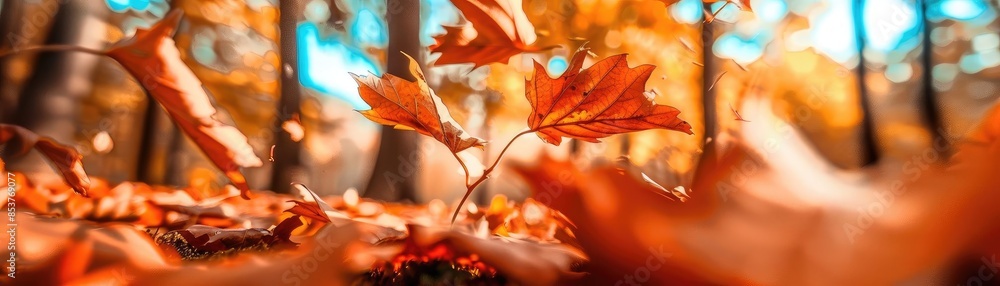 Close-up shot of vibrant autumn leaves on the ground with a blurred forest background, showcasing the beauty of fall colors. Close-up shot of vibrant autumn leaves on the ground with a blurred forest background, showcasing the beauty of fall colors.