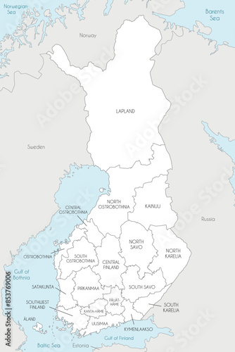 Vector map of Finland with regions or counties and administrative divisions, and neighbouring countries. Editable and clearly labeled layers.