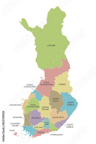 Vector map of Finland with regions or counties and administrative divisions. Editable and clearly labeled layers.