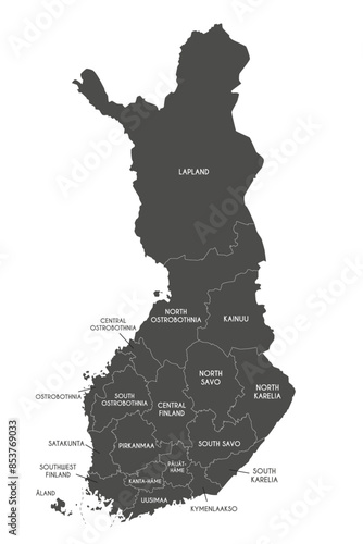 Vector map of Finland with regions or counties and administrative divisions. Editable and clearly labeled layers.