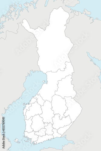 Vector blank map of Finland with regions or counties and administrative divisions, and neighbouring countries. Editable and clearly labeled layers.