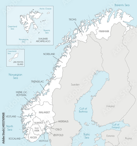 Vector regional map of Norway with counties and territories, and neighbouring countries. Editable and clearly labeled layers.
