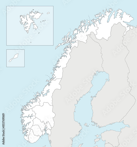 Vector regional blank map of Norway with counties and territories, and neighbouring countries. Editable and clearly labeled layers.