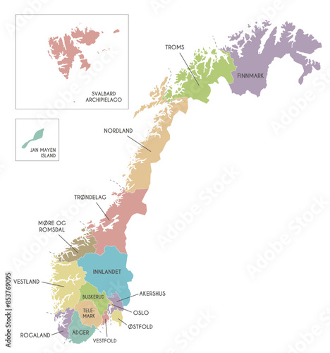 Vector regional map of Norway with counties and territories, and administrative divisions. Editable and clearly labeled layers.
