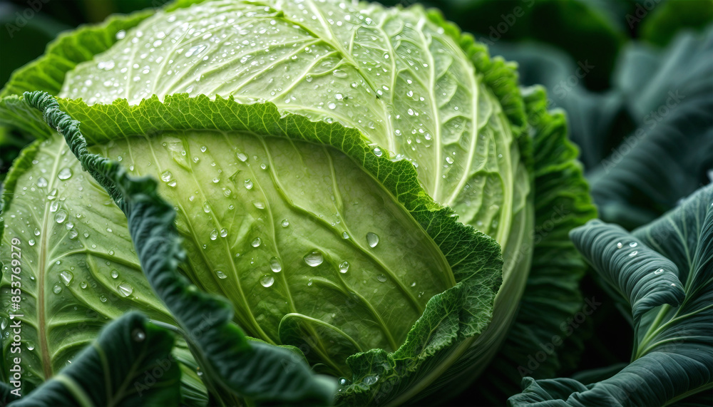 Fototapeta premium Wet cabbage. White cabbage. A head of cabbage in drops of water. Vegetables in the rain close-up